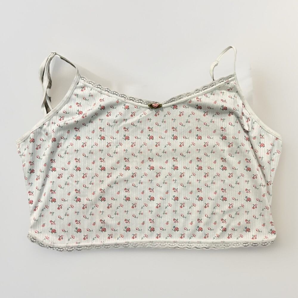 White Floral Lace Trim Cropped Tank Top Women’s XL Cute Y2K Style Cami